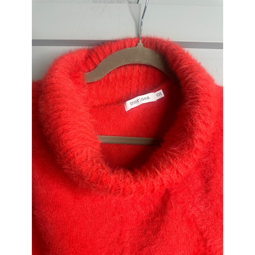 Mer-Sea Fuzzy Knit Cowl Neck Poncho Sweater Orange Red One Size OS Arm Slits - Picture 2 of 11